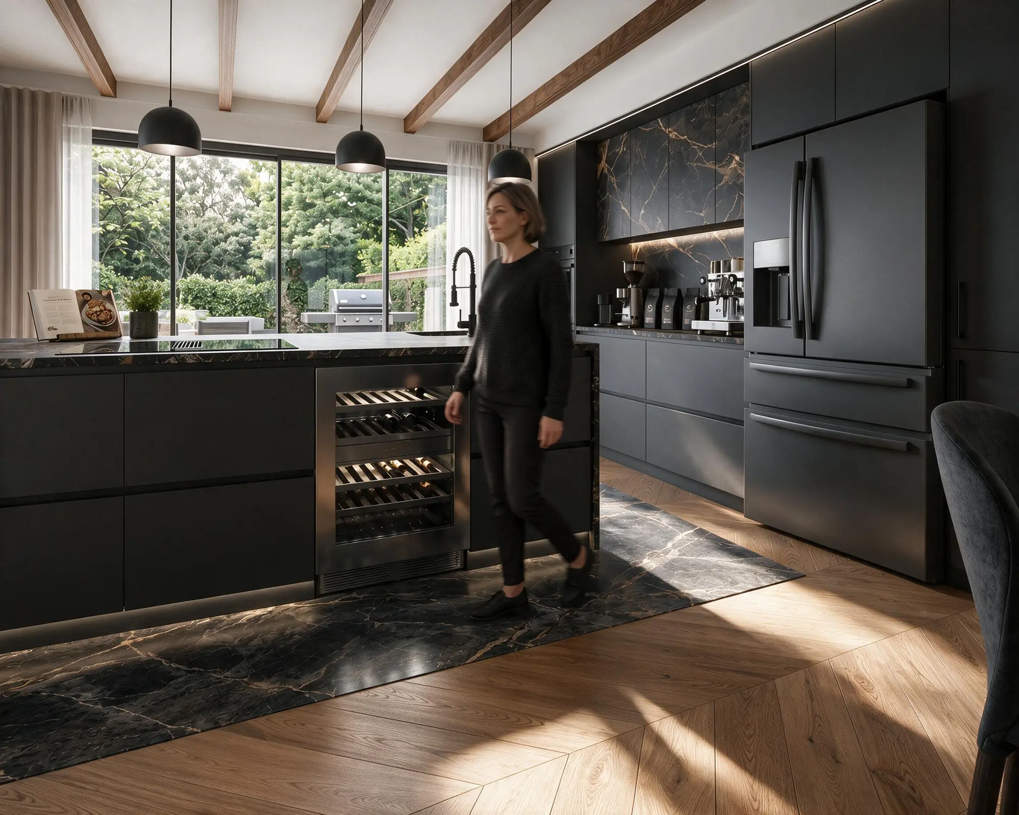Kitchen design visualisation — an example of coordinated material and furniture relationships, not an execution drawing.