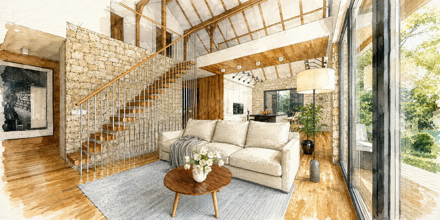 Architectural watercolour study of the living room